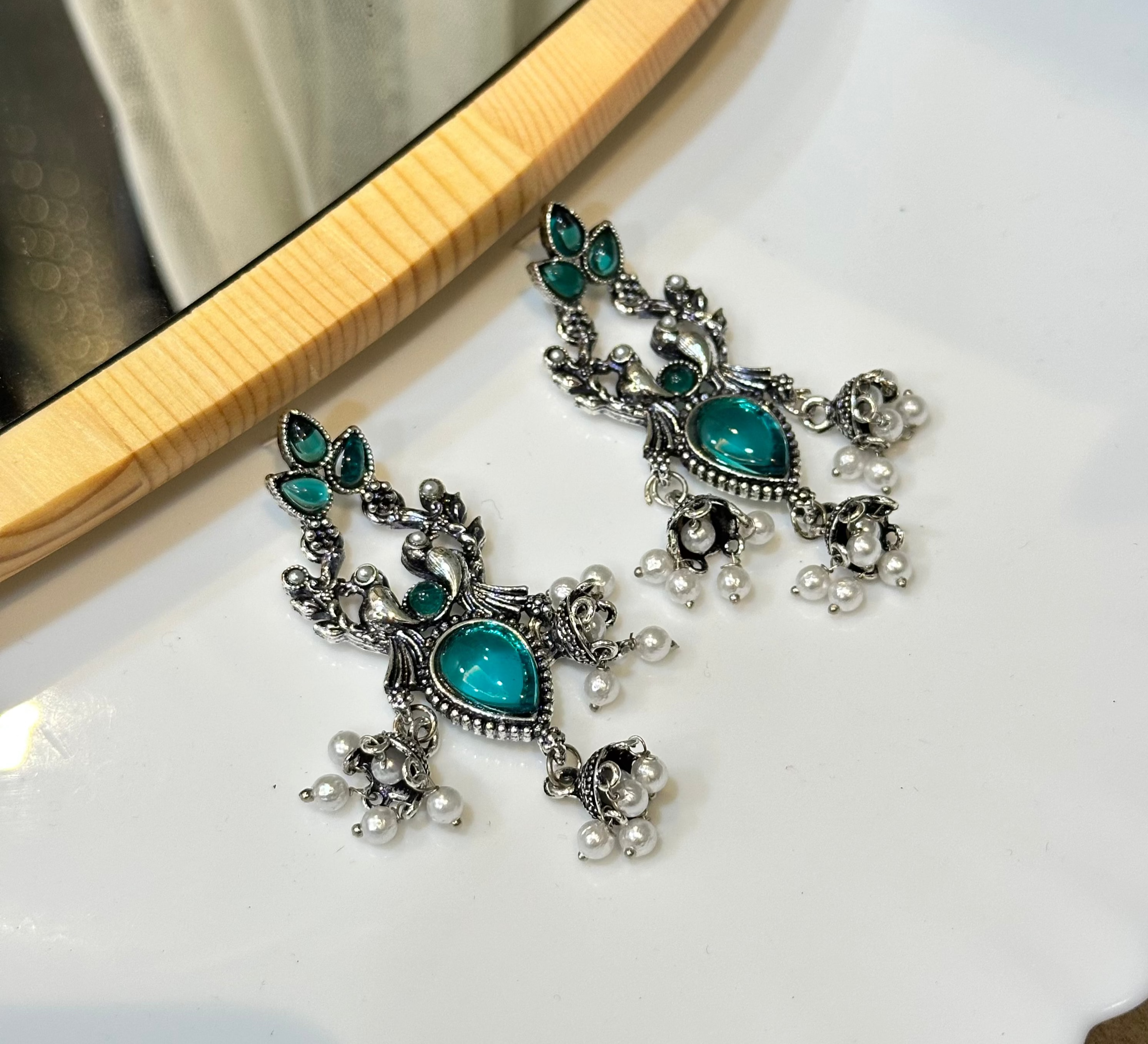 Teal flower earrings